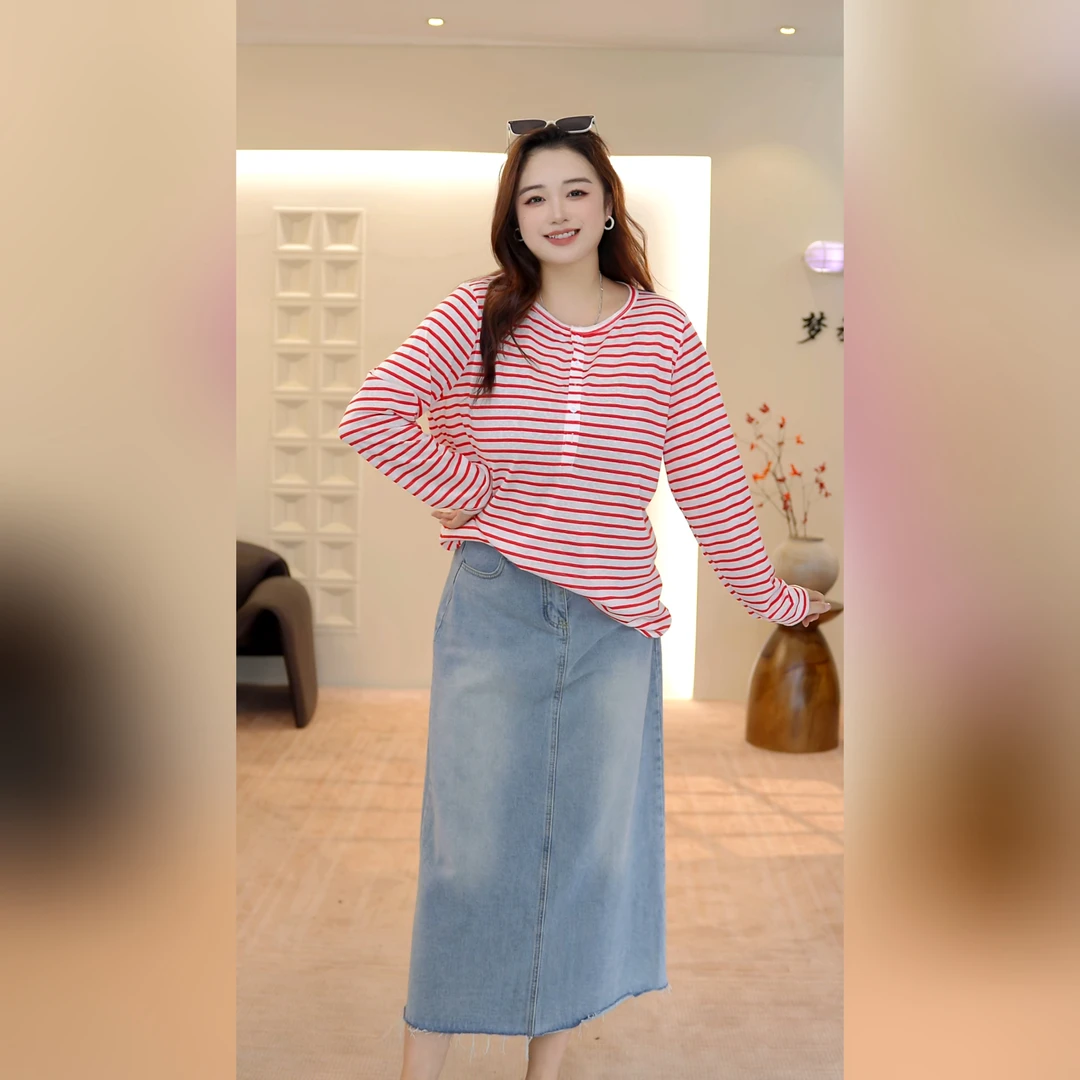 大码女装轻薄慵懒撞色条纹长袖T恤小众百搭宽松休闲垂感遮肉上衣