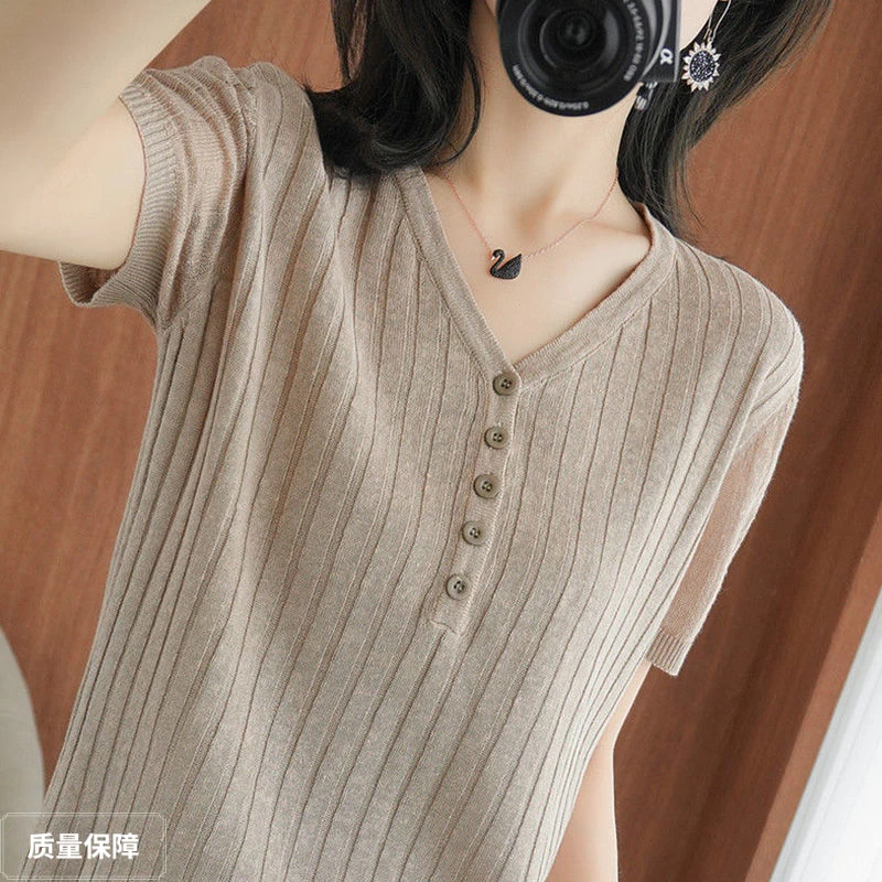 新款针织衫200斤可穿冰丝短袖T恤女2020新款韩版宽松显瘦百搭上衣