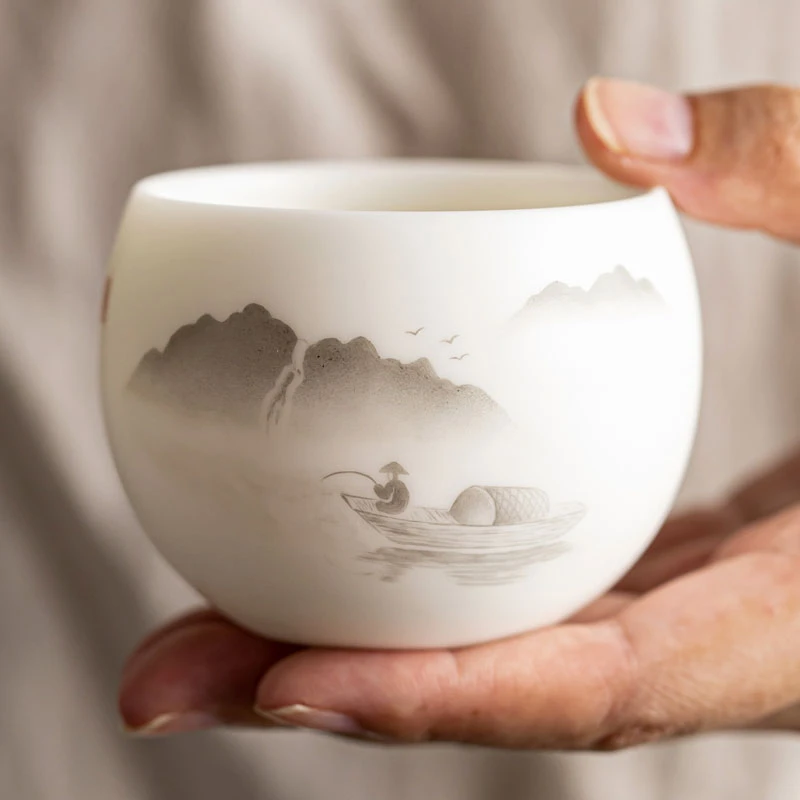 金镶玉羊脂玉白瓷主人杯中式高档陶瓷茶杯单杯个人专用功夫喝茶杯