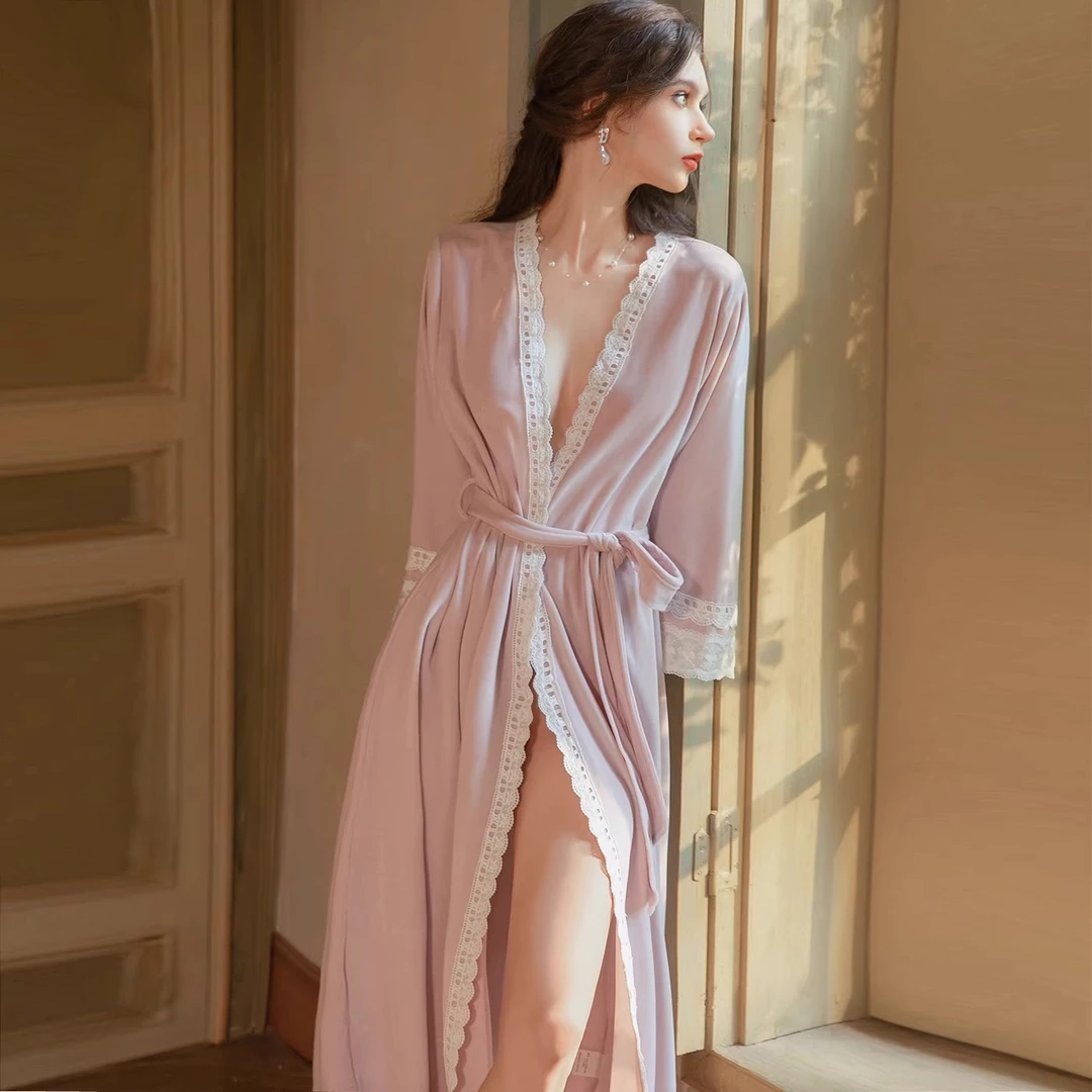 性感睡衣女秋冬季新款薄绒纯欲高级感浴袍睡袍蕾丝长裙晨袍家居服