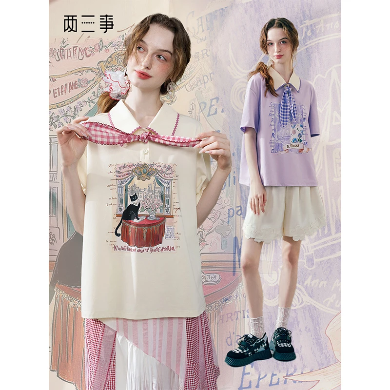 两三事暮紫幻月 甜美格子领带翻领印花t恤S25XT256