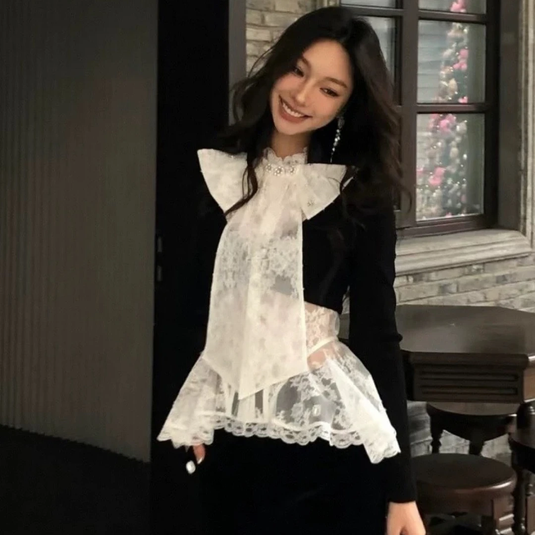法式少女黑色针织衫拼接白色蕾丝蝴蝶结衬衫2025新款