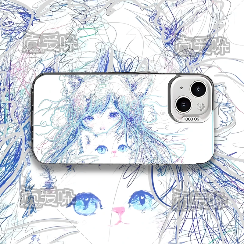 反光线条抱猫少女适用苹果17华为mate60小米vivoOPPOreno14手机壳