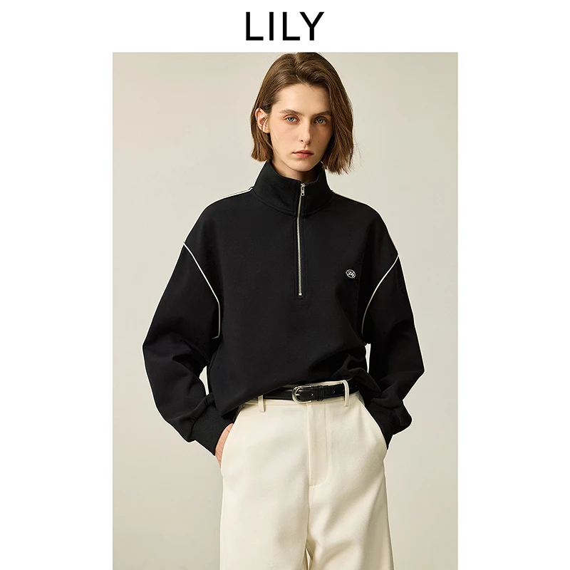 LILY2025冬新款女装拉链POLO立领落肩休闲长袖卫衣125409VW905
