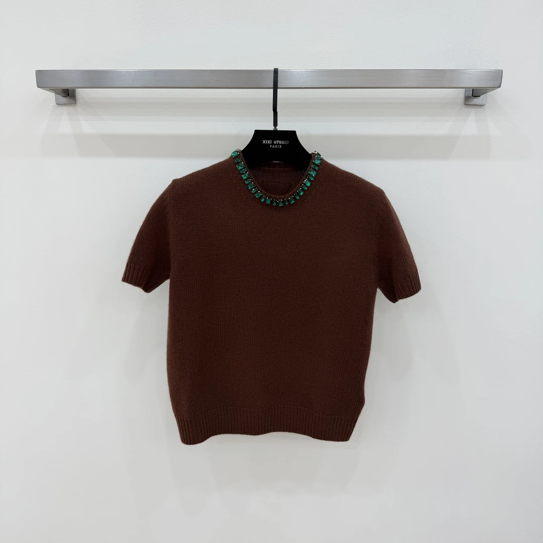 JIAYE CHAN复古重工领口水钻短袖针织上衣