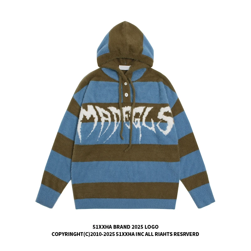 51嘻哈美式高街字母提花拼色针织衫男女潮牌复古情侣条纹连帽毛衣