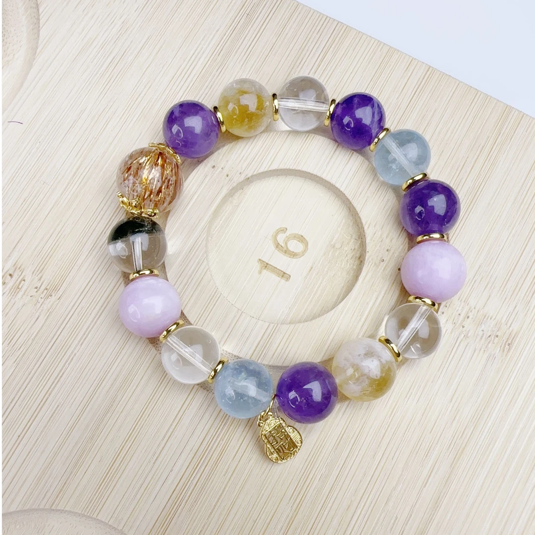 天然多宝设计款水晶手串绿幽灵紫锂辉紫水晶单圈diy百搭手链