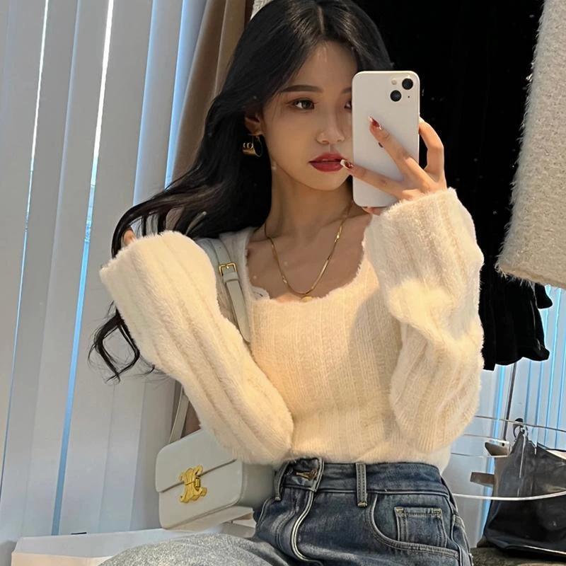 内搭方领女短款秋冬白色针织衫长袖洋气修身打底毛衣上衣小众紧身