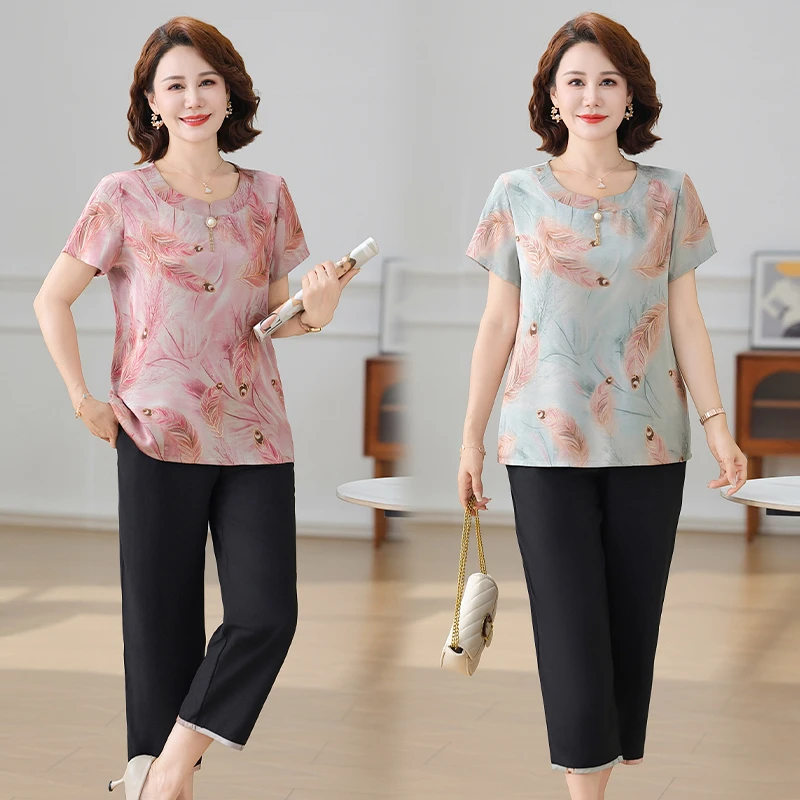B126妈妈装夏款短袖洋气套装中老年女装宽松休闲两件套中年时尚