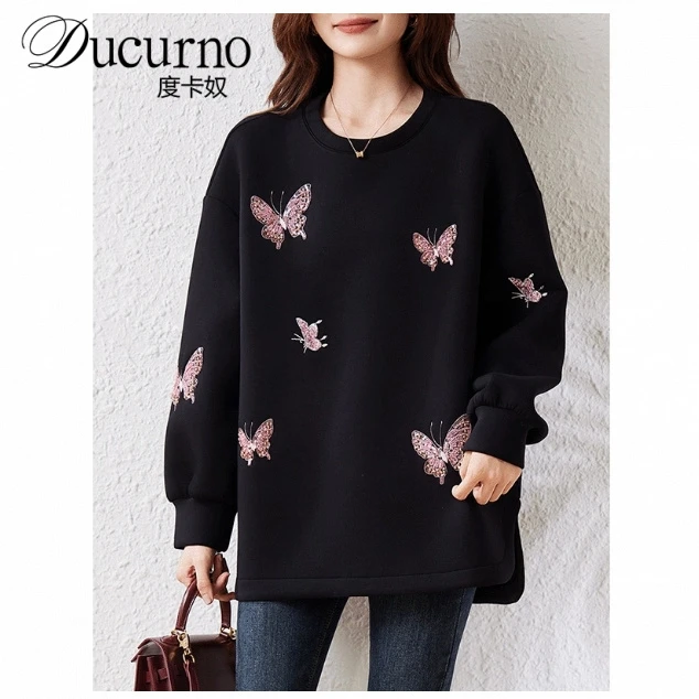 DUCURNO简约风拼接钉珠长袖卫衣2025春秋新款宽松休闲百搭上衣女