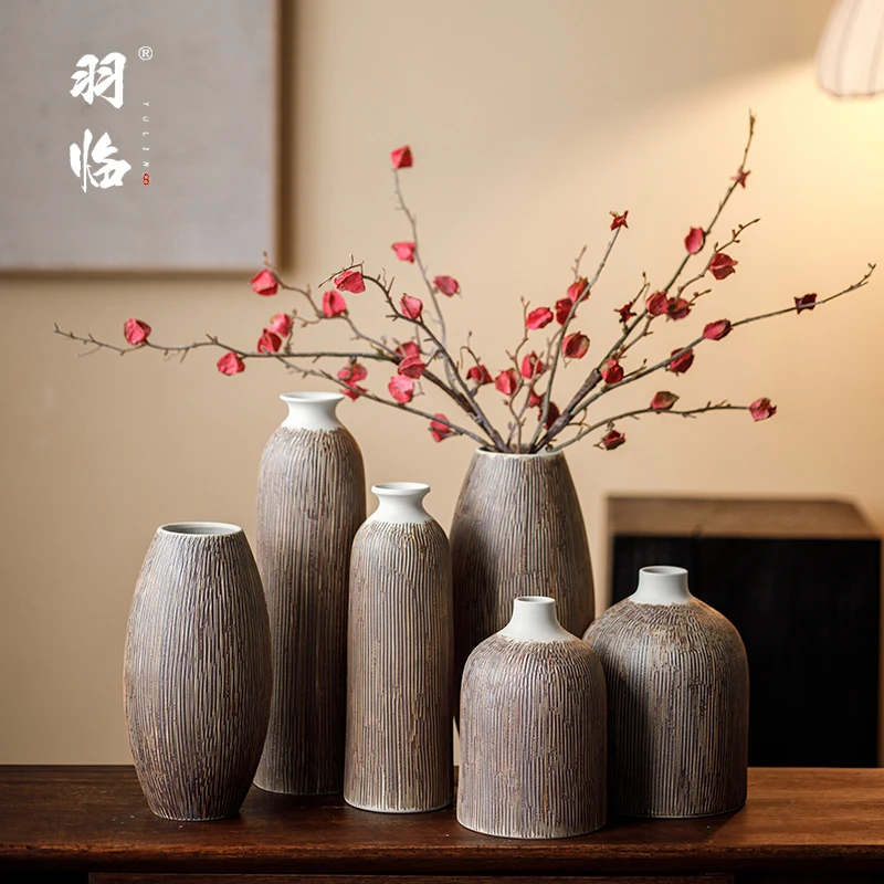景德镇陶瓷花瓶复古螺纹日式侘寂风酒柜装饰花器摆件家用台面陶罐