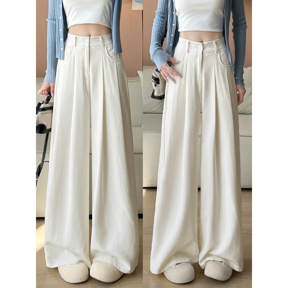 韩系奶芙西装裤女夏季2025新款肌理垂感宽松休闲小个子冰丝阔腿裤