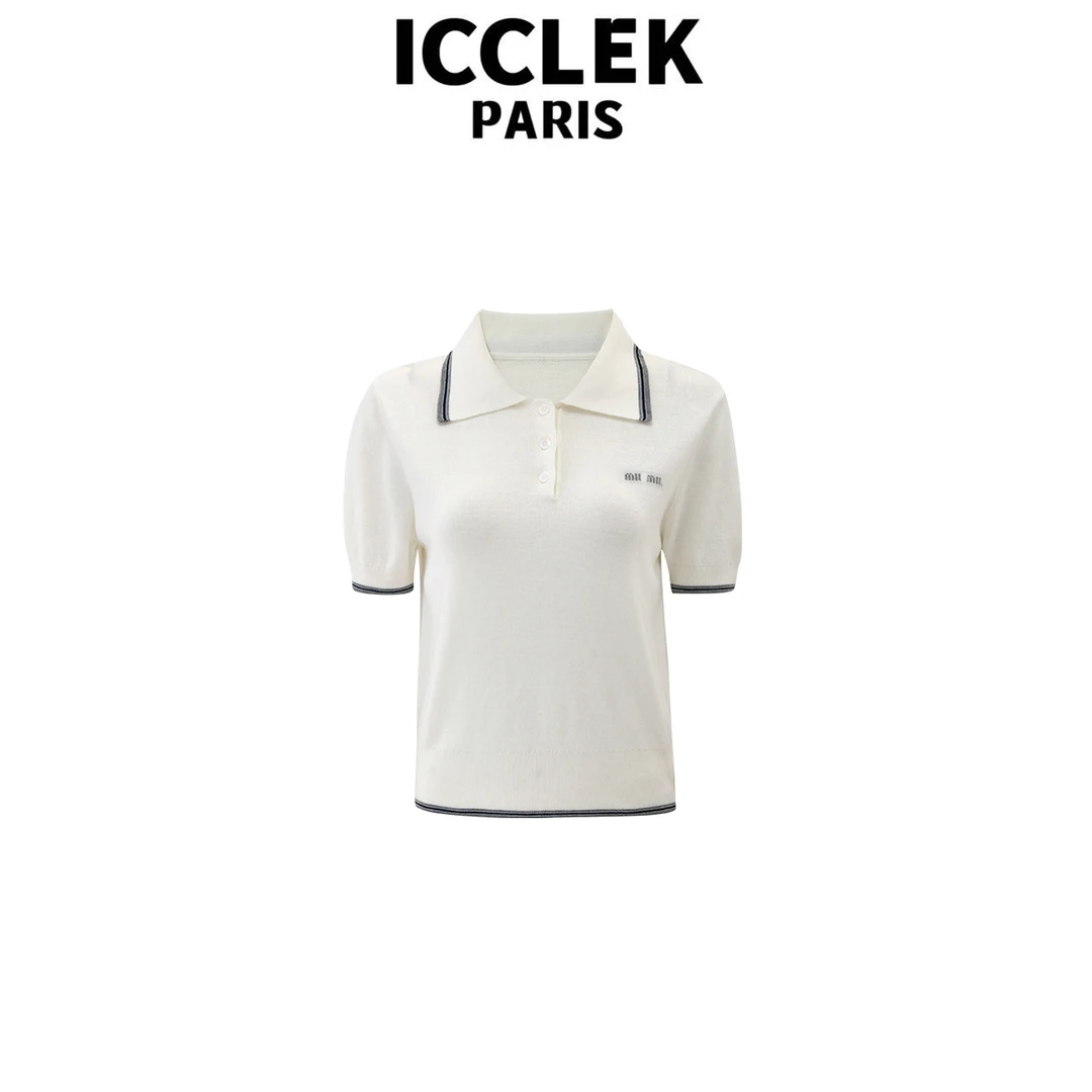 ICCLEK 翻领撞色字母POLO领针织衫时尚夏季白色短袖  - 1203