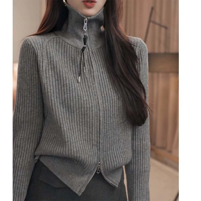 韩系双拉链翻领针织开衫外套女秋冬季新款设计感独特漂亮减龄上衣