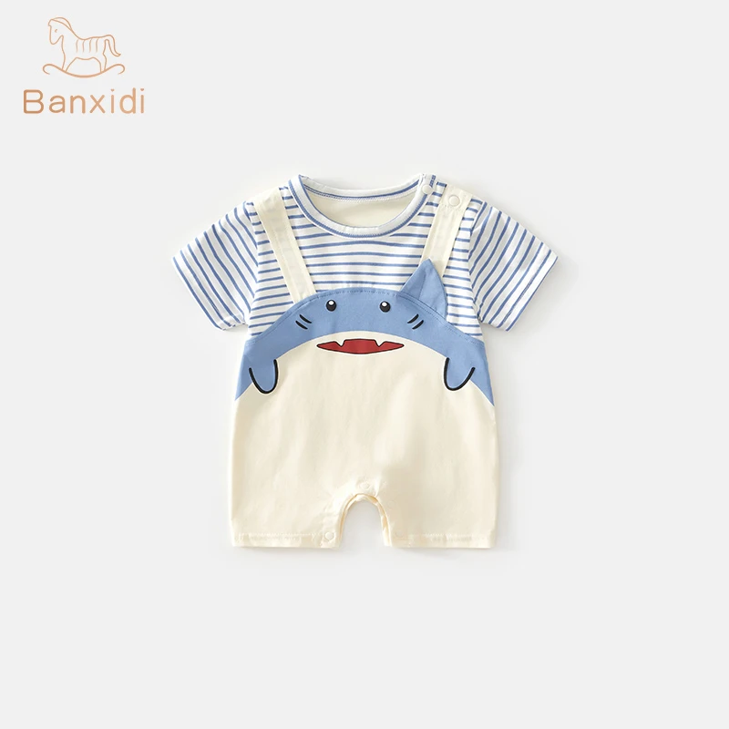 班喜迪婴儿衣服夏季连体衣婴幼儿超萌假两件外出背带哈衣爬服夏装