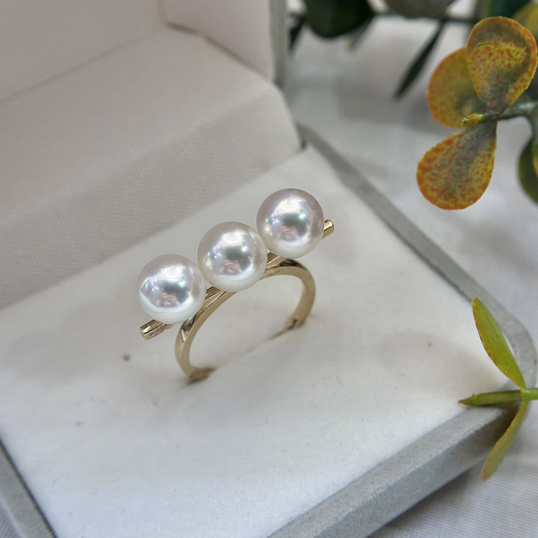 【霁雪】平衡木  akoya 8-8.5mm 无调色  14k金 海水珍珠戒指