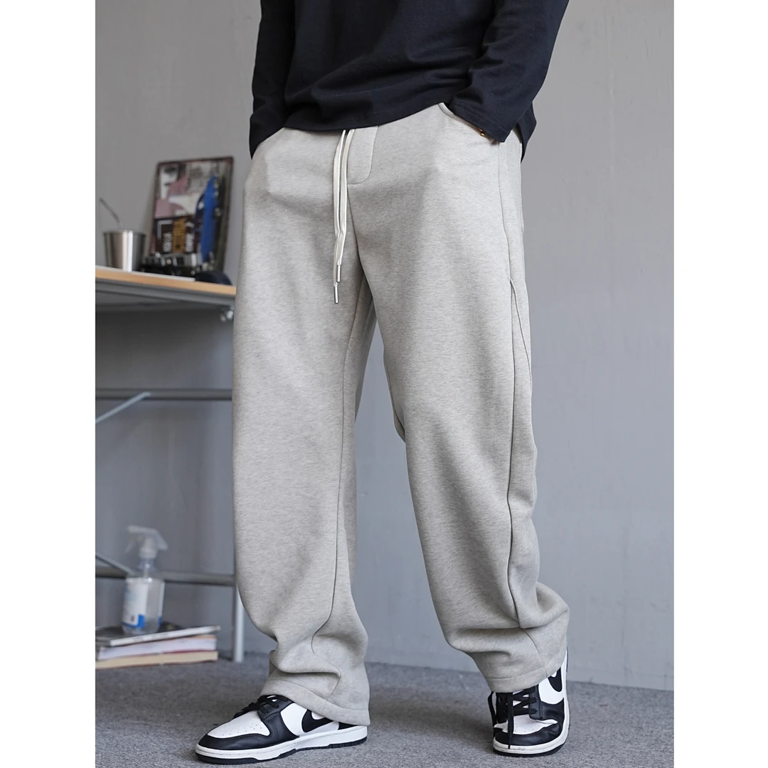 秋季美式休闲痞帅重磅灰色针织卫裤男直筒宽松抽绳百搭运动长裤潮