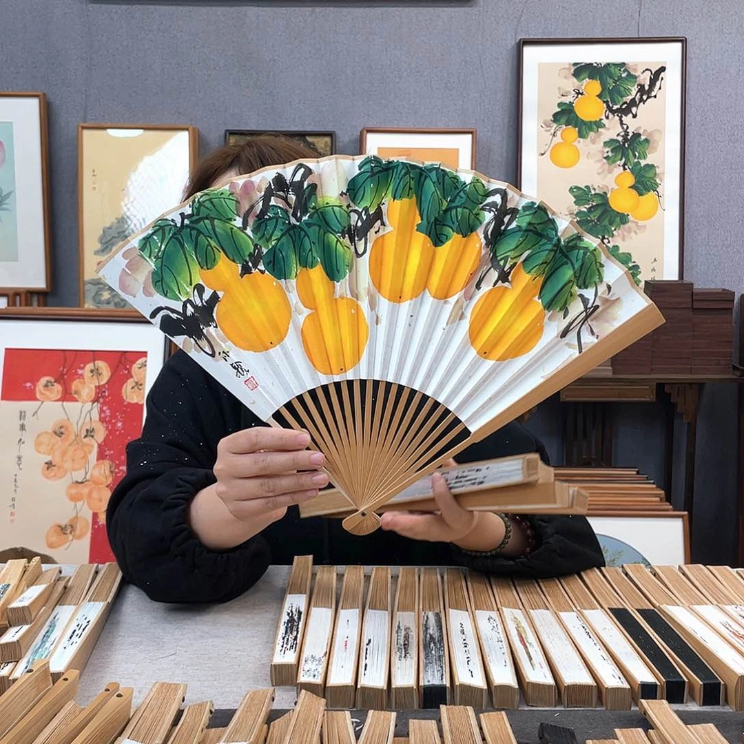 国画95寸玉竹-纯手绘-文玩扇骨（默认粘好）葫芦