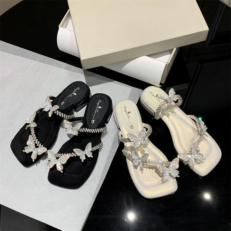 高级感蝴蝶水钻一字带凉鞋女外穿时尚仙女风松糕厚底凉拖鞋气质