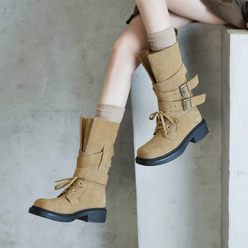 4cm厚底真皮骑士靴新款法式磨砂系带长筒靴秋冬加绒高筒女靴杏色