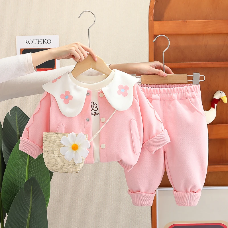 女童春装套装新款女宝宝洋气长袖三件套装春秋季小童时髦婴儿童装