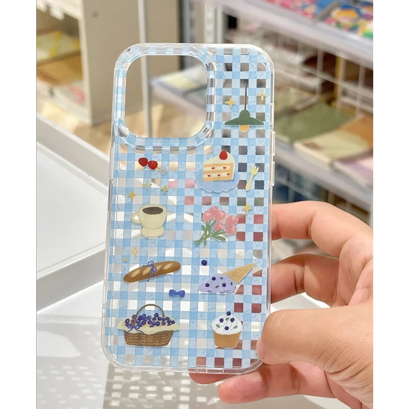 雅天立韩系ins风蓝格面包适用iPhone15/16手机壳华为vivo小米oppo