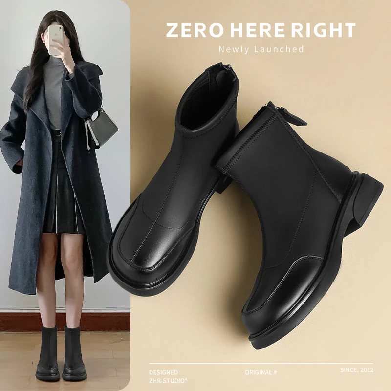 ZHR则则加绒短靴2024新款气质马丁靴女粗跟平底法式小短靴瘦瘦靴