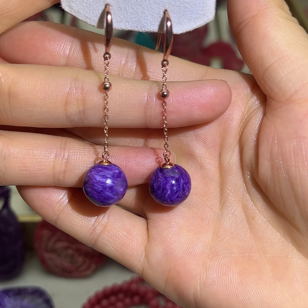 查罗石（紫龙晶）银S925镀金镶嵌耳坠