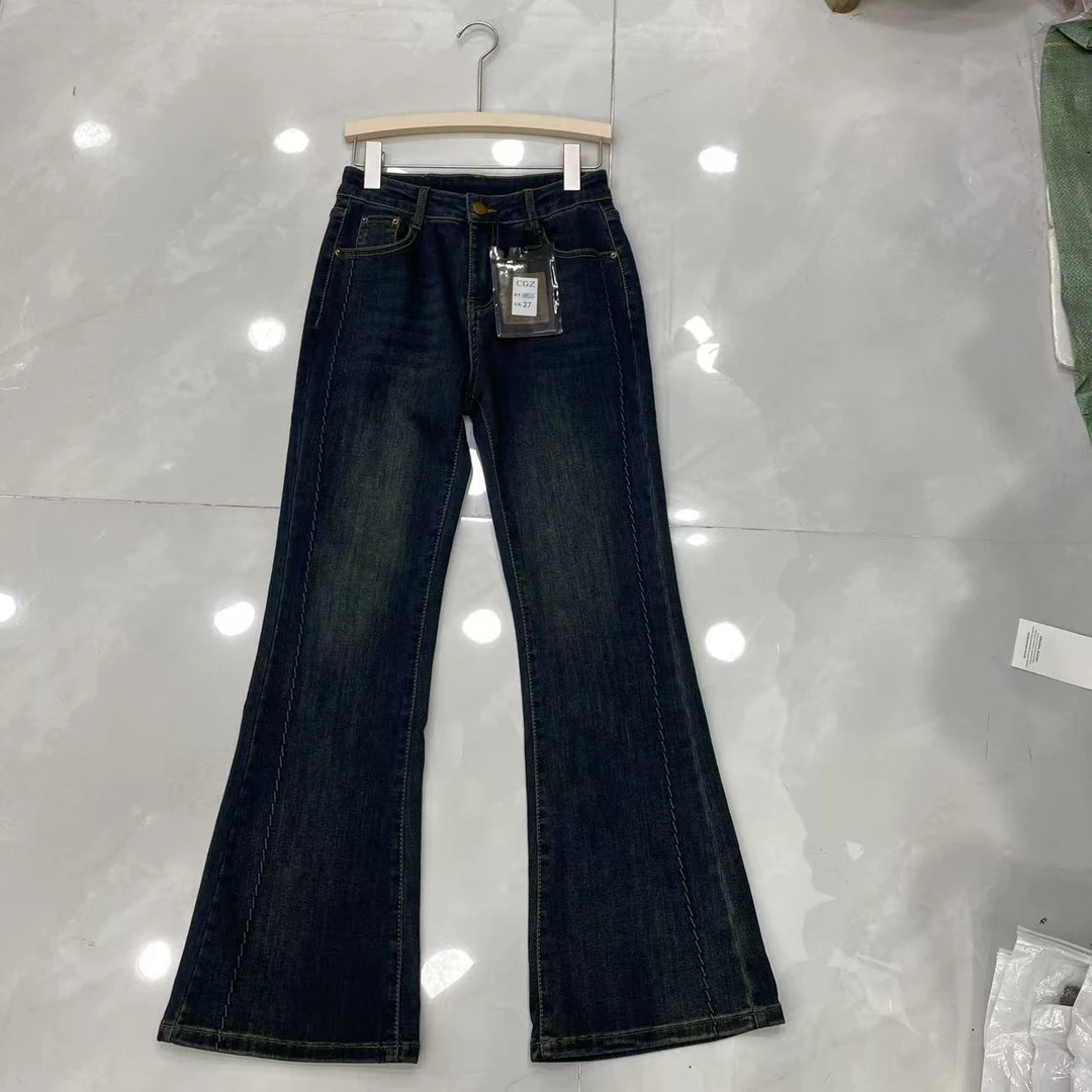 潮88635蓝色牛仔麻花微喇裤