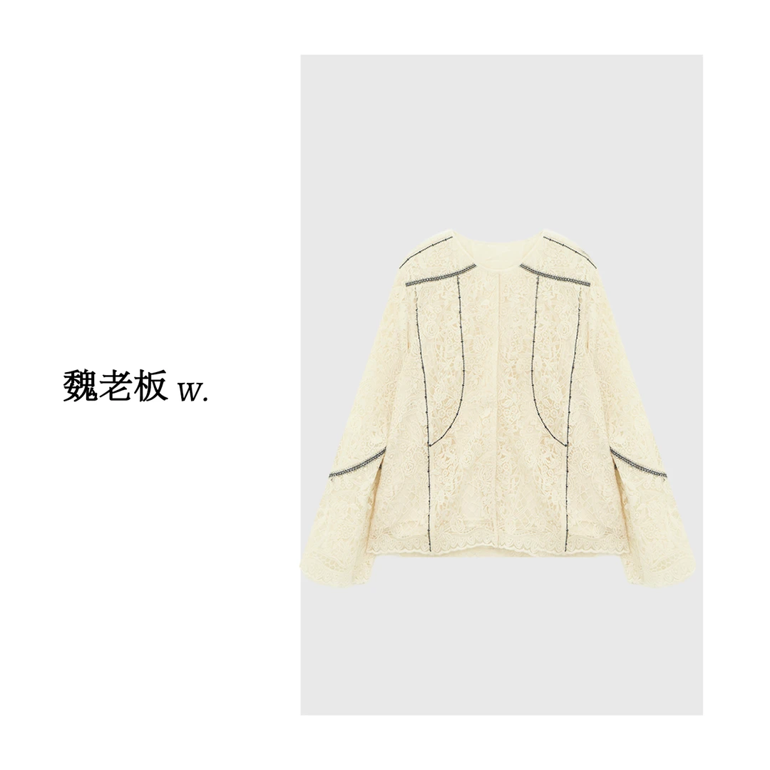 W.Diva【雪松】内里100真丝绣花复古圆领虚线蕾丝小衫女51S091495