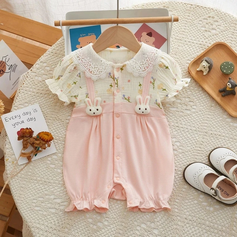 婴儿夏装连体衣新生女宝宝薄款衣服超萌兔子满月百天夏季短袖哈衣
