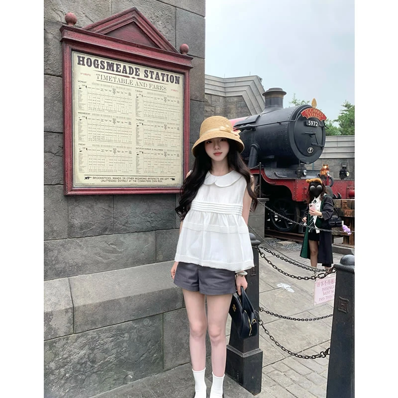 张爆爆 重工压褶两色娃娃衫减龄上衣