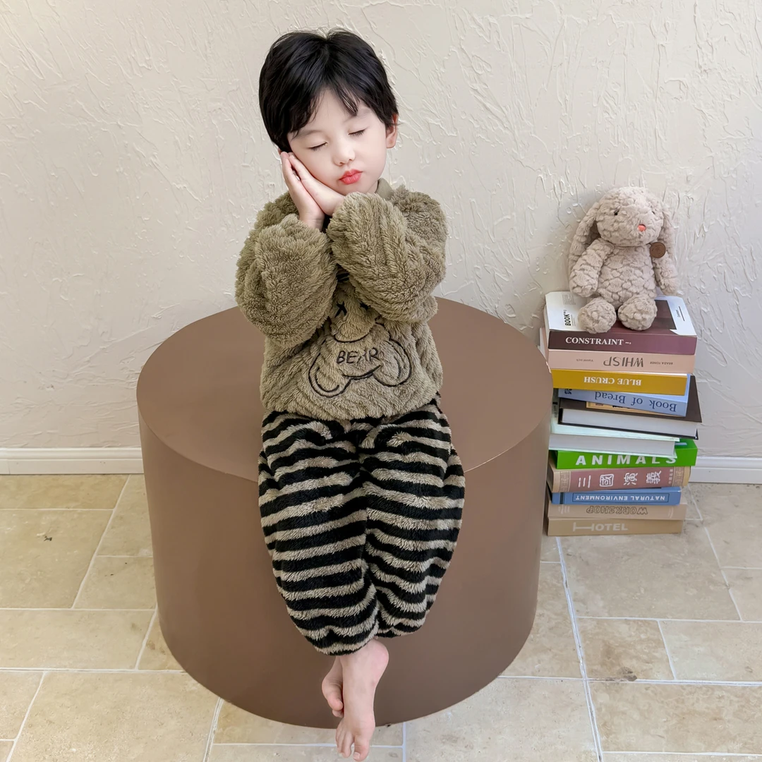 男童睡衣秋冬款珊瑚绒男宝宝条纹裤套装男孩法兰绒冬季儿童家居服