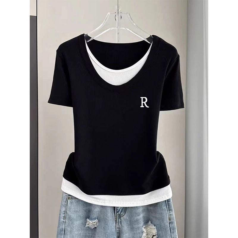 假两件V领短袖t恤女潮小众设计感时尚洋气显瘦百搭上衣2025夏季