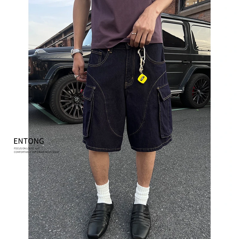 Entong高街美式复古宽松拼接大口袋工装牛仔短裤男生直筒vibe裤子