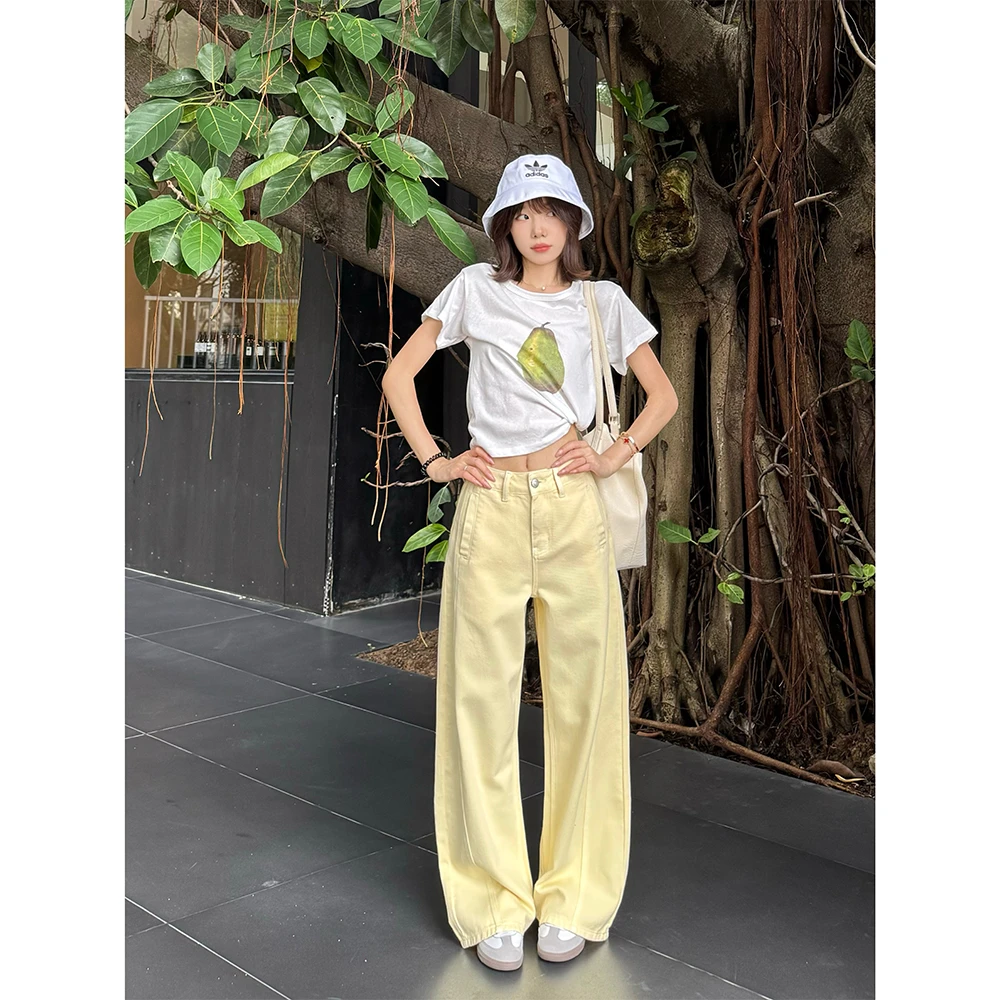 王家有鱼2025年夏季新款鹅黄色阔腿弯刀裤小个子宽松直筒牛仔裤女