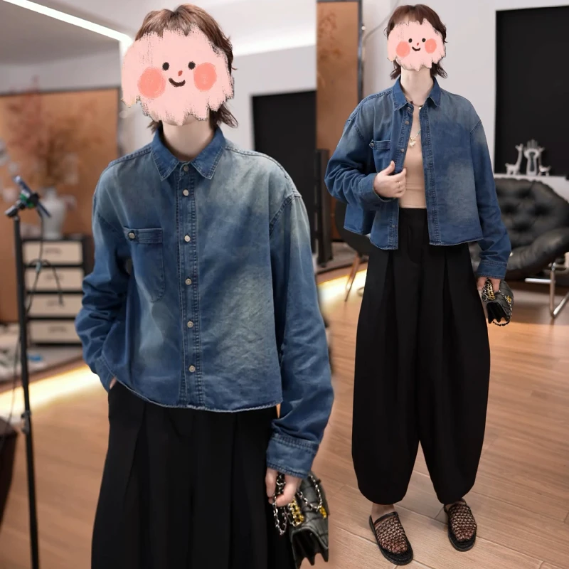 时尚休闲套装女2026年春秋夏季新款薄款牛仔衬衫配西装裤两件套潮