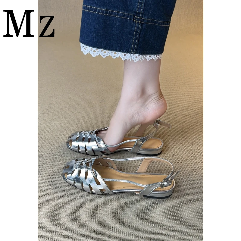 Mr.Zheng/1.5cm/编织风后空包头镂空罗马凉鞋夏季百搭金色女鞋