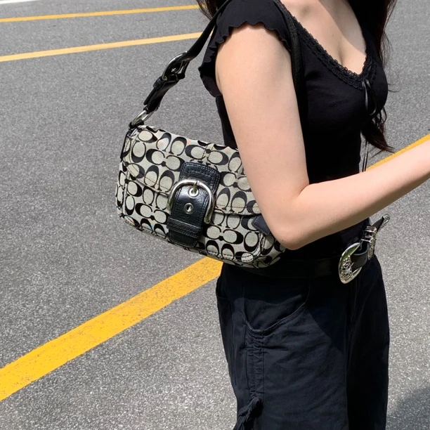 95新 COACH/蔻驰 coach烟灰色老花帆布拼皮豌豆包单肩腋下包hd
