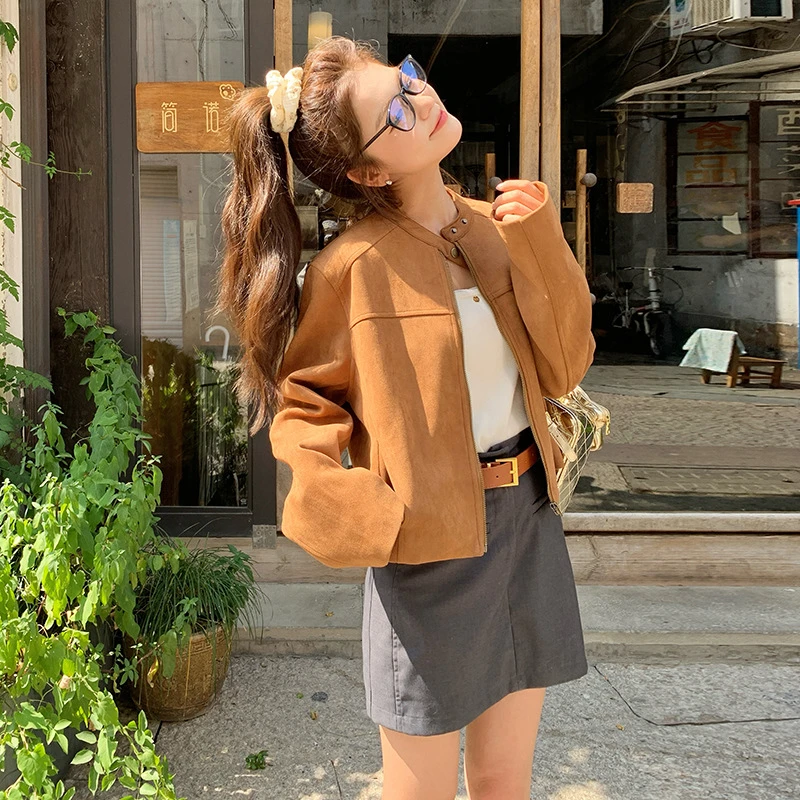 鹿皮绒夹克外套女短款2025年春季新款宽松显瘦气质机车服开衫上衣