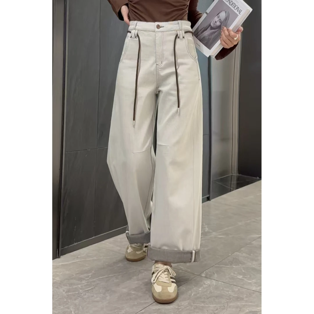 KIKI严选：32278-YER家欧洲站南油秋冬多耳仔腰绳压线阔腿牛仔裤