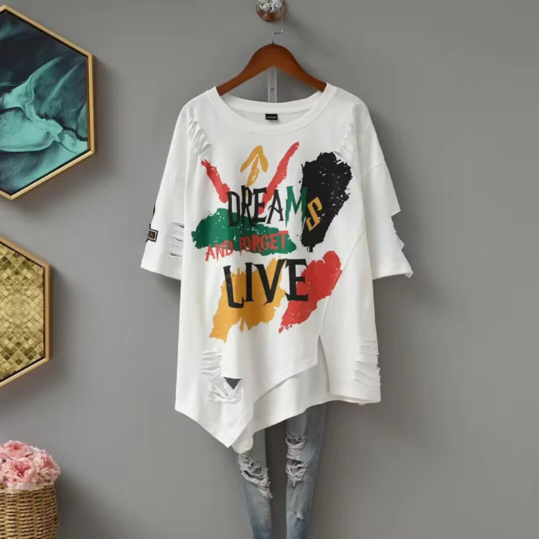 美式T恤短袖t恤套装夏季网红洋气炸街女装时尚白色女士大码宽松