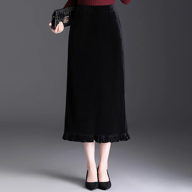 黑色简约鱼尾裙半身裙女秋季2025新款高腰包臀裙中长款开叉一步裙