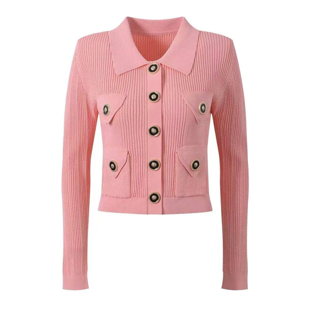 【603-605】新款女装法式名媛翻领单排扣针织上衣套装