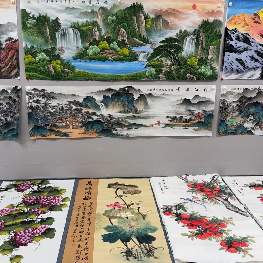 麻***脑国画四尺对开35X140纯手绘作品