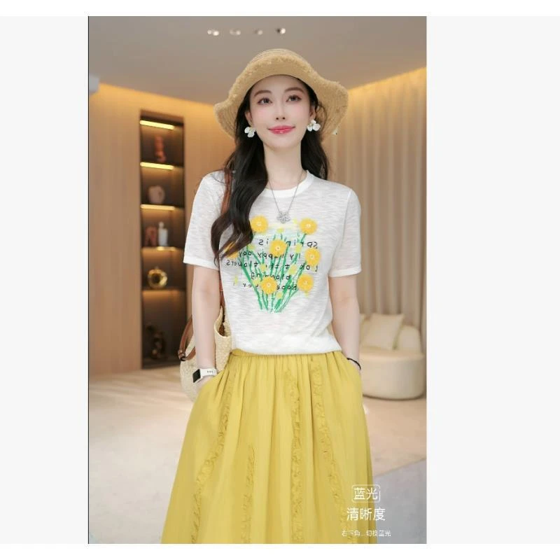 【小黄花】夏款时尚植物花卉图案百搭休闲短袖宽松毛织T恤上衣35408