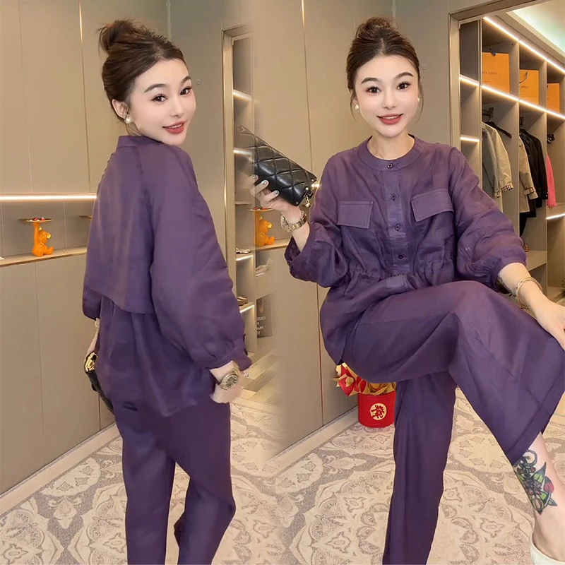 时尚套装女2025夏季新款气质收腰七分袖防晒开衫外套阔腿裤两件套