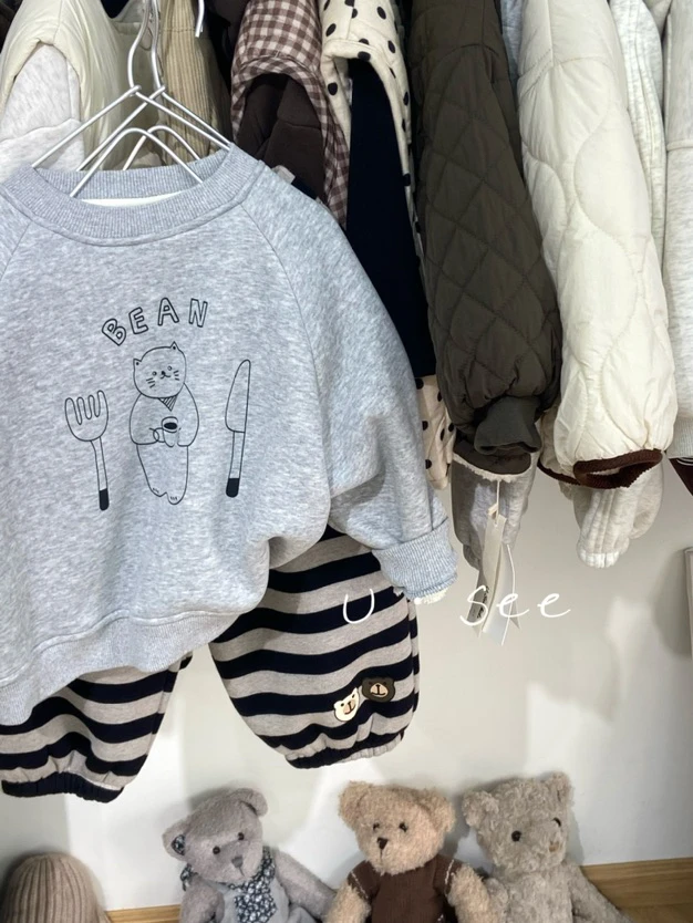 花灰色条纹裤子套装 男孩女孩