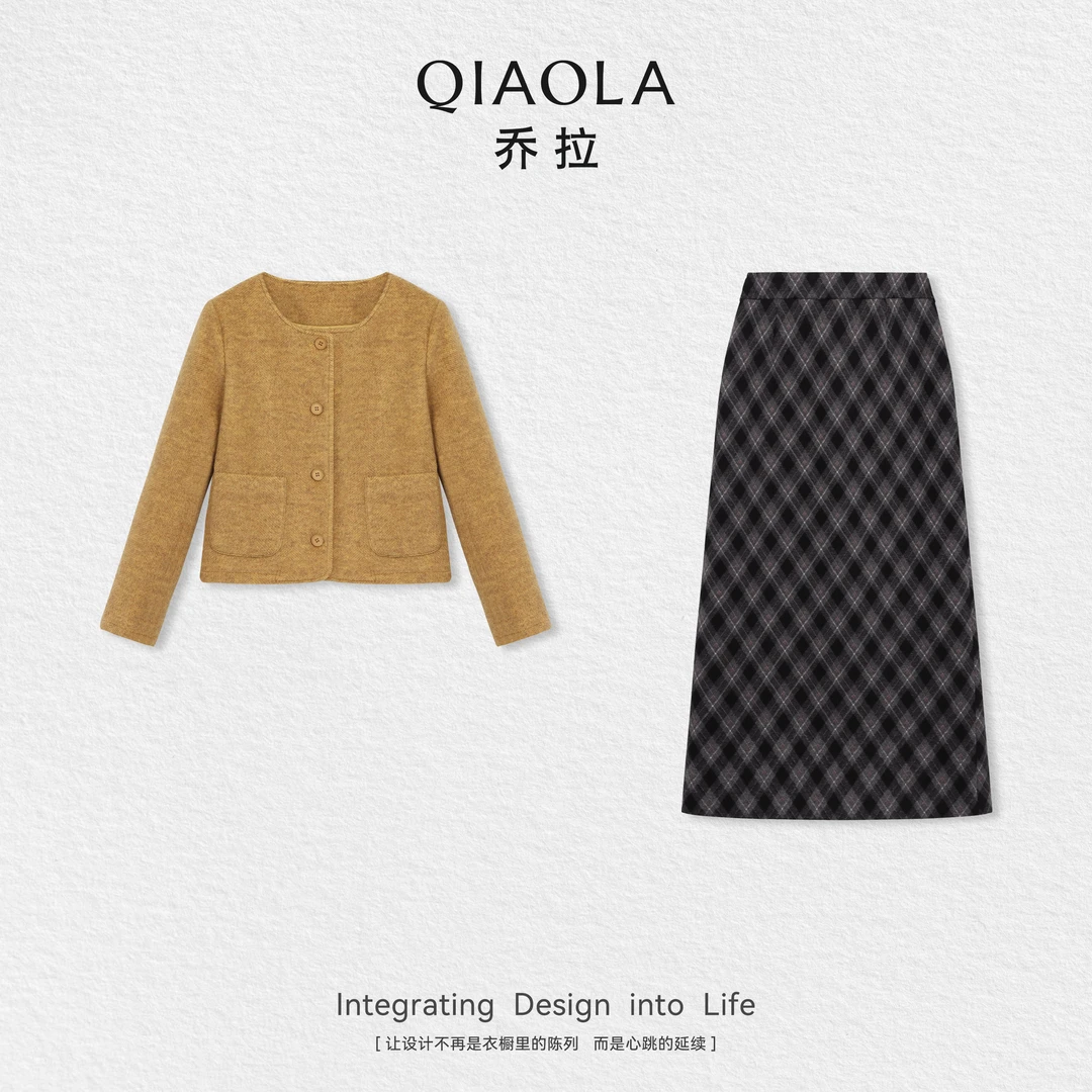 QIAOLA/乔拉【暖炉烤茶】秋季羊毛时尚简约外套梭织格纹半裙