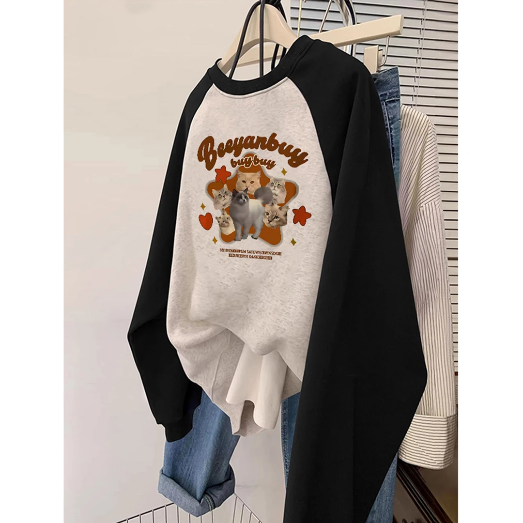 美式插肩圆领卫衣女2025早秋大码宽松慵懒风胖MM长袖上衣无帽外套